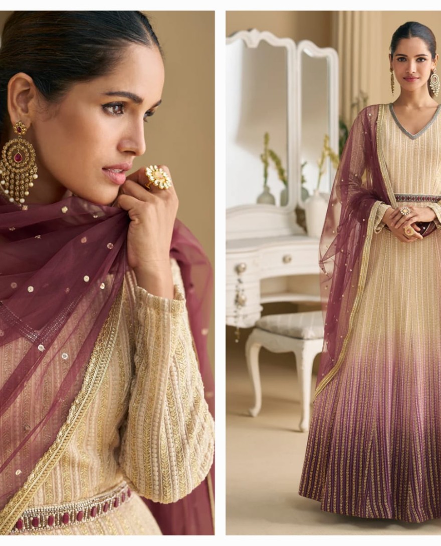 PURPLE - Cream Chikankari Embroidered Wedding Festive Anarkali Gown